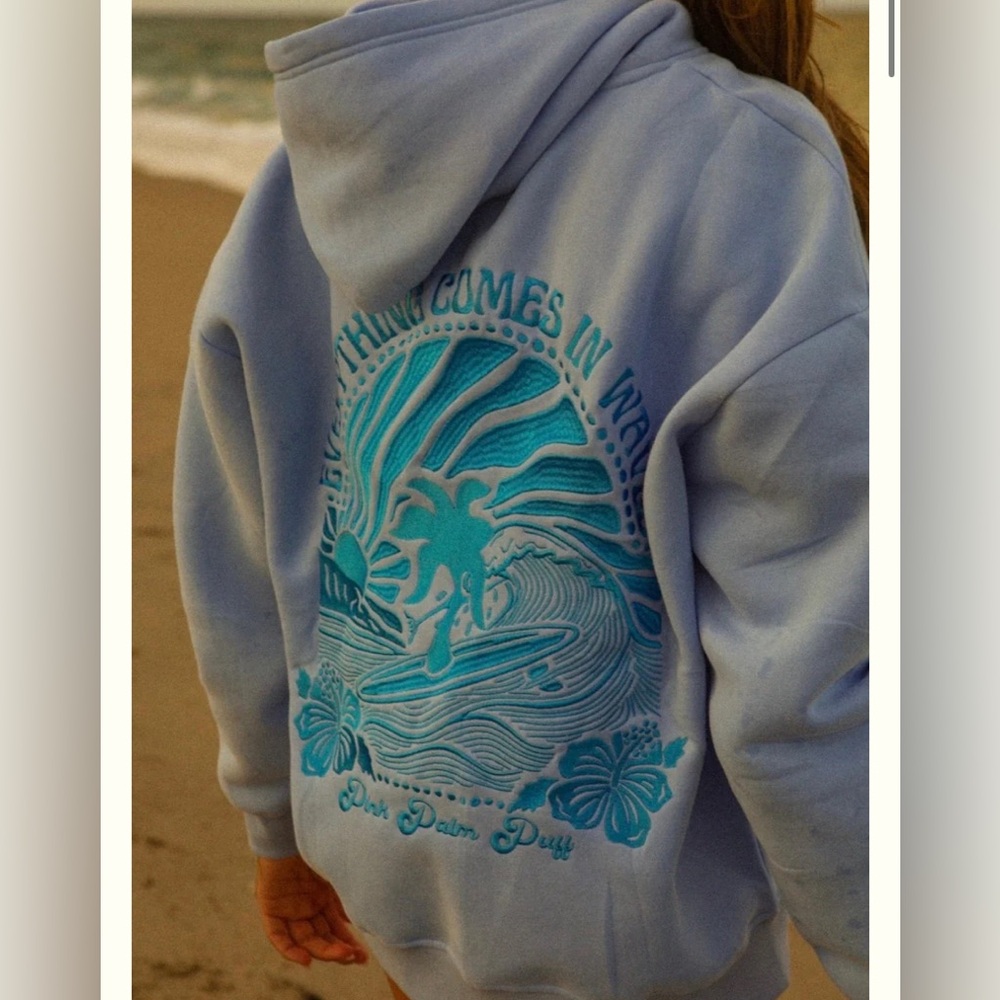 Pink Palm Puff Everything Comes in Waves” Hoodie in Blue size M